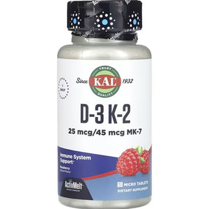 Вітаміни Д-3 та K-2 KAL (Кал) Vitamin D-3 K-2 1000 МО/45 мкг MK-7 зі смаком червоної малини мікротаблетки 60 шт