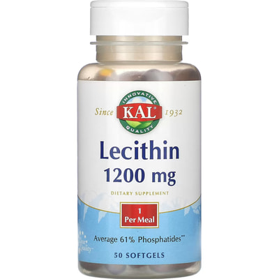 Лецитин KAL (Кал) Lecithin 1200 мг таблетки гелеві для підтримки здоров'я мозку, покращення функцій печінки флакон 50 шт