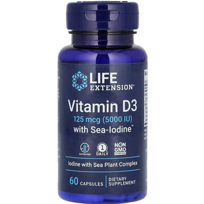 Вітамін Д3 з йодом LIFE EXTENSION (Лайф Екстеншн) Vitamins D3 5000 МО (125 мкг) капсули флакон 60 шт