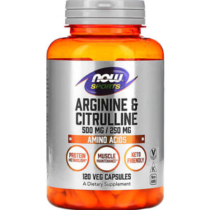 Аргинин и цитрулин NOW (Нау) может способствовать улучшению кровообращения, поддержанию мышечного роста капсулы флакон 120 шт