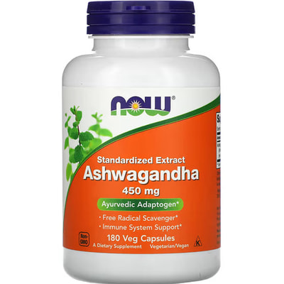 Ашвагандха екстракт по 450 мг NOW (Нау) може сприяти зниженню рівня стресу, підтримці енергії та покращенню самопочуття капсули флакон 180 шт