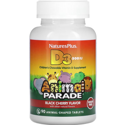 Витамин D3 NATURES PLUS (Натурес плюс) Vitamin D3 Animal Parade вкус черной вишни 500 МЕ без сахара таблетки жевательные 90 шт