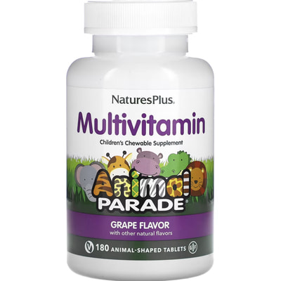 Витамины для детей NATURES PLUS (Натурес плюс) Multi-Vitamin and Mineral Animal Parade вкус винограда таблетки жевательные в форме животных 180 шт