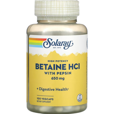 Бетаїн HCl + пепсин SOLARAY (Солорай) Betaine HCL with Pepsin високоефективний 650 мг капсули флакон 100 шт