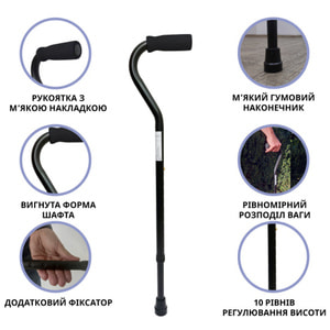 Трость алюминиевая дугоподобная Doctor Life (Доктор Лайф) модель 10100/C/E/BL телескопическая цвет черный 1 шт