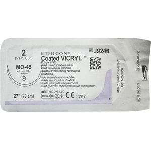 Шовний матеріал що розсмоктується Вікрил розмір USP 2, колюча посилена голка 45 мм, 1/2 кола, довжина 70 см артикул J9246
