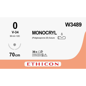 Шовний матеріал що розсмоктуэться Monocryl (Монокрил) розмір USP 0 (М3,5), з колючо-ріжучою голкою 36 мм, V-34, 1/2 кола, довжина 70см фіолетовийW3489