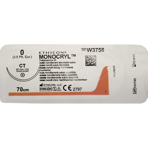 Шовний матеріал що розсмоктуэться Monocryl (Монокрил) розмір USP 0 (М3,5), одна голка CT, тип колюча Taper Point, 40мм, 1/2 кола, довжина 70см W3758