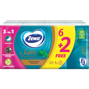 Платочки (салфетки) носовые ZEWA (Зева) Softis Menthol Breeze 4-х слойные 6 + 2 упаковки по 9 шт