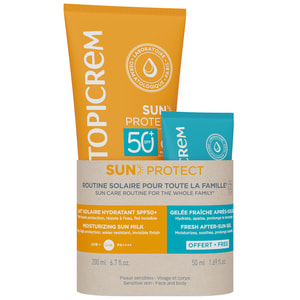 Набор солнцезащитный Topicrem (Топикрем) Сан Протект Молочко увлажняющее солнцезащитное SPF50+ 200 мл +  Гель для тела после загара тонизирующий 50 мл