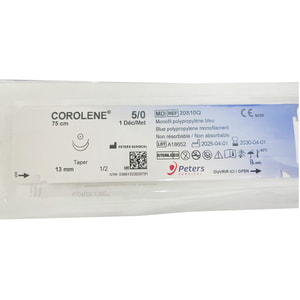 Шовный материал не рассасывающийся Corolene (Королен) размер 5/0 (1), 2 колющие иглы 13 мм, 1/2 круга, длина 75 см артикул 20S10Q, цвет голубой