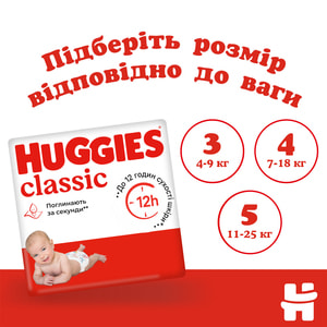 Подгузники для детей HUGGIES (Хаггис) Classic (Классик) 3 от 4 до 9 кг 52 шт