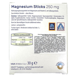 Витамины VITALIS (Виталис) Magnesium Sticks 250 mg магнезиум с витамином Е в стиках со вкусом лайма 20 шт