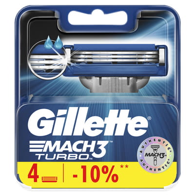 Кассеты сменные для бритья GILLETTE Mach 3 (Жиллет мак 3 три) Turbo (Турбо) 4 шт