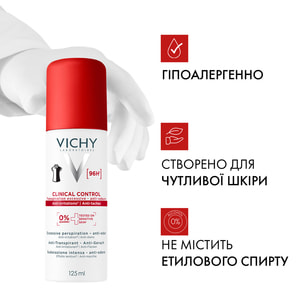 Дезодорант-антиперспірант для тіла  VICHY (Віши) Клінікал Контроль проти надмірного потовиділення, запаху та плям на одязі 96 годин захисту 125 мл