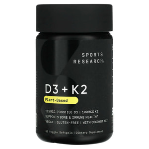 Вітамін D3 + К2 SPORTS RESEARCH (Спортс Ресеарч) Vitamin D3+K2 (Plant Based) 5000IU/100mcg капсули флакон 60 шт