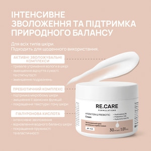 Крем для лица RE.CARE (Рекейр) Hydration & Prebiotic Cream с пребиотиками увлажняющий 30 мл