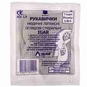 Рукавички оглядові латексні стерильні з пудрою Ігар розмір L (8-9) 1 пара