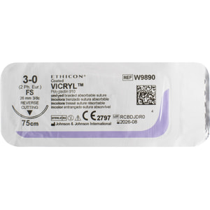 Шовний матеріал що розсмоктується Вікрил розмір USP 3/0, зворотньо-ріжуча голка 26 мм, 3/8 кола, довжина 75см артикул W9890