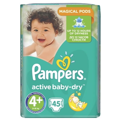 Подгузники для детей PAMPERS Active Baby-Dry (Памперс Актив Бэби-драй) 4+ от 9 до 16 кг 45 шт