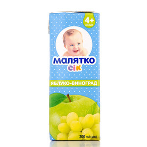 Сік фруктовий дитячий Малятко яблучно-виноградний освітленний 200 мл