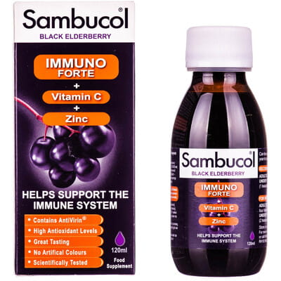 Раствор для поддержания иммуной системы Самбукол Иммуно Форте с витамином С + Цинк флакон 120 мл