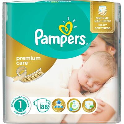 Підгузники для дітей PAMPERS Premium Care (Памперс Преміум) Newborn (Ньюборн) 1 від 2 до 5 кг економічна упаковка 88 шт