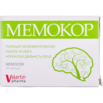 Капсули покращуючі метаболізм в тканинах головного мозку,пам'ять та увагу  Мемокор 30 шт