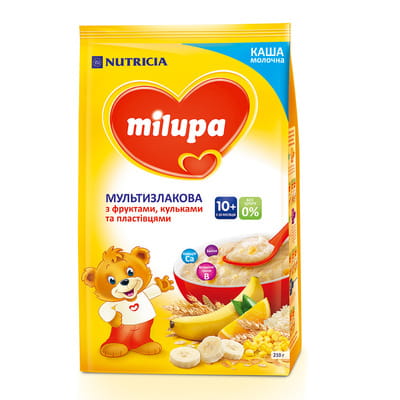 Каша молочная детская Нутриция Milupa (Милупа) Мультизлаковая с фруктами, хлопьями и шариками с 10-ти месяцев мягкая упаковка 210 г