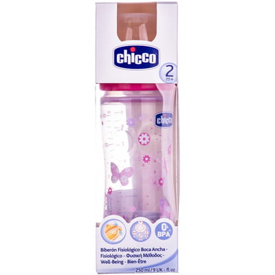 Бутылочка пластиковая CHICCO (Чико) Well-Being 250мл с соской латексной с 2 месяцев сменный поток розовая