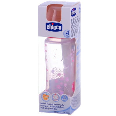 Бутылочка пластиковая CHICCO (Чико) Well-Being 330 мл с соской латексной с 4 месяцев для каши розовая