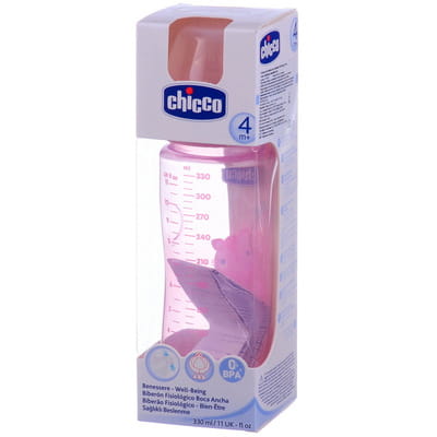 Бутылочка пластиковая CHICCO (Чико) Well-Being 330мл с соской силиконовой с 4 месяцев быстрый поток розовая