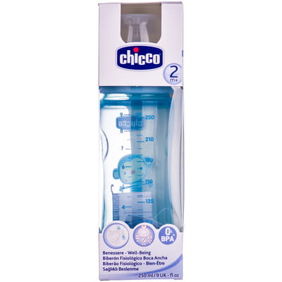Бутылочка пластиковая CHICCO (Чико) Well-Being 250мл с соской силиконовой с 2 месяцев сменный поток голубая