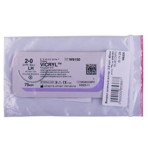 Шовний матеріал що розсмоктується Вікрил розмір USP 2/0, колюча голка 40 мм, 1/2 кола, довжина 75см артикул W9150