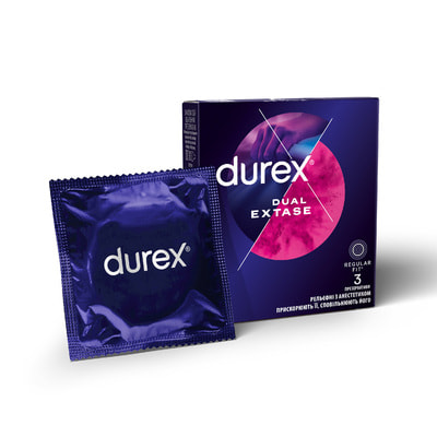 Презервативы латексные с силиконовой смазкой DUREX (Дюрекс) Dual Extase (Дуал Экстаз) рельефные с анестетиком 3 шт