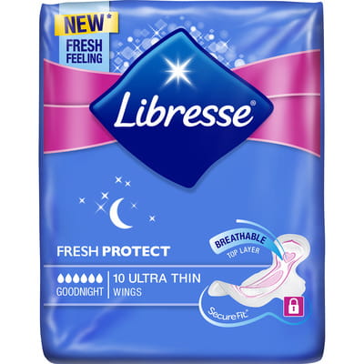 Прокладки гігієнічні жіночі LIBRESSE (Лібрес) Ultra Thin Goodnight (Ультра сін гуднайт) Fresh Protect (Фреш протект) 10 шт