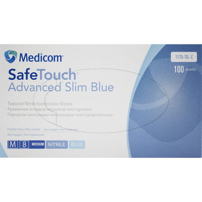 Рукавички оглядові нітрилові нестерильні неприпудрені Safe-Touch Advanced Slim Blue текстурованs розмір M блакитні Medicom 1 пара