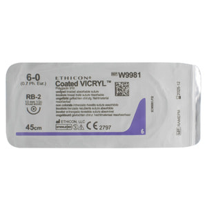 Шовний матеріал що розсмоктується Вікрил розмір USP 6/0, колюча голка 13 мм, 1/2 кола, довжина 45см артикул W9981