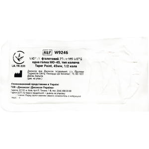 Шовний матеріал що розсмоктується Вікрил розмір USP 2, колюча посилена голка 45 мм, 1/2 кола, довжина 75см артикул W9246