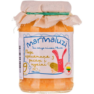 Пюре мясо-овощное детское MARMALUZI (Мармалузи) Рис с крольчатиной и цукини для детей с 9-ти месяцев 190г