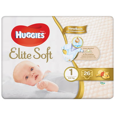 Подгузники для детей HUGGIES (Хаггис) Elite Soft (Элит софт) для новорожденных 1 от 2 до 5 кг 26 шт