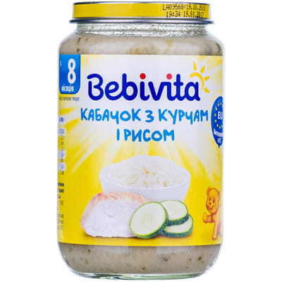 Пюре м'ясо-овочеве дитяче BEBIVITA (Бебівіта) Кабачок з курчам та рисом з 8-ми місяців 220г