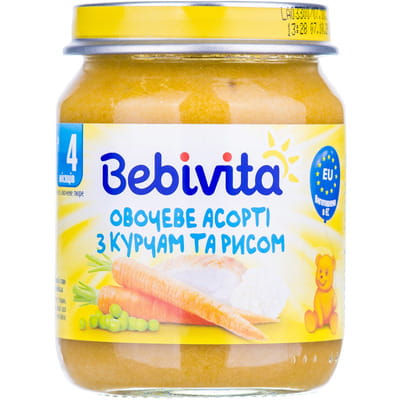 Пюре мясо-овощное детское BEBIVITA (Бебивита) Овощное ассорти с курицей и рисом с 4-х месяцев 125г