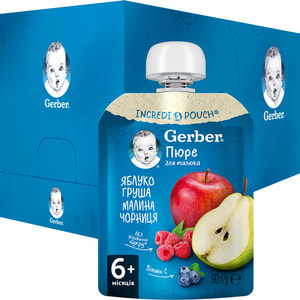 Пюре фруктовое детское NESTLE GERBER (Нестле Гербер) Яблоко, груша, малина и черника с 6-ти месяцев мягкая упаковка 90 г