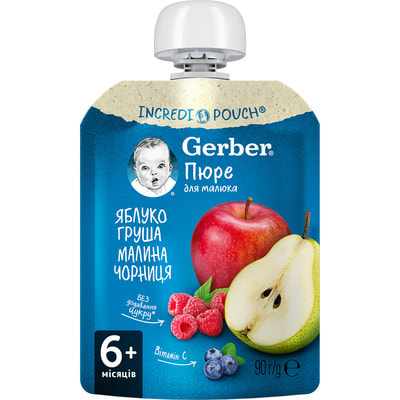 Пюре фруктове дитяче NESTLE GERBER (Нестле Гербер) Яблуко, груша, малина та чорниця з 6-ти місяців м'яка упаковка 90 г