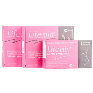 Лайфемін набір дієтична домішка Лайфемін капсули по 30 шт 2 упаковки + профілактично-гігієнічний засіб Лайфемін інтим-комфорт супозиторії 5шт