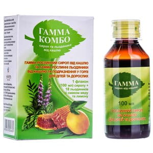 Гамма Комбо рослинний сироп від кашлю флакон 100 мл + льодяники від болю в горлі 18 шт