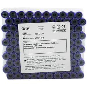 Пробірка вакуумна Vacumed 13 x 75 мм стерильна з К3 EDTA 3 мл крові з фіолетовою кришкою артикул 42111 100 шт