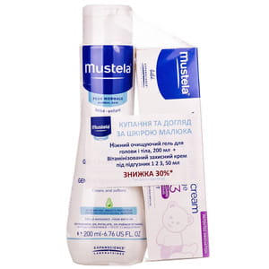 Набор MUSTELA (Мустела) Купание и уход за нежной кожей малыша : гель очищающий для головы и тела 200 мл+ крем под подгузник 1-2-3 50 мл