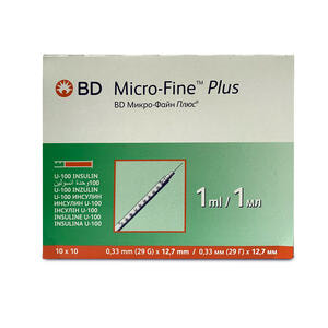 Шприц 1 мл інсуліновий з інтегрованою (нез'ємною) голкою U-100 BD Mikro-Fine Plus (Мікро Файн Плюс) розмір G29 (0,33 x 12,7 мм) 1 шт